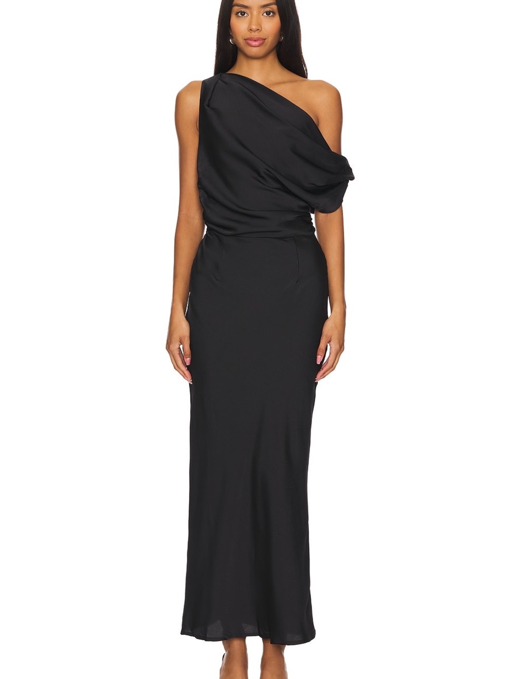 SNDYS Calissa Maxi Dress Black S One Shoulder Draped Satin NWT